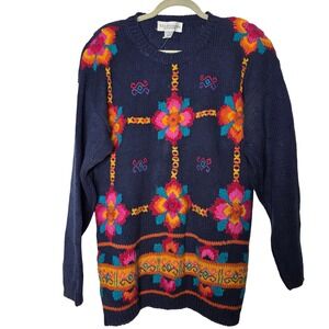 Melbourne Elements Vintage Floral Knit Sweater Blue Ramie Cotton Medium 90s Boho